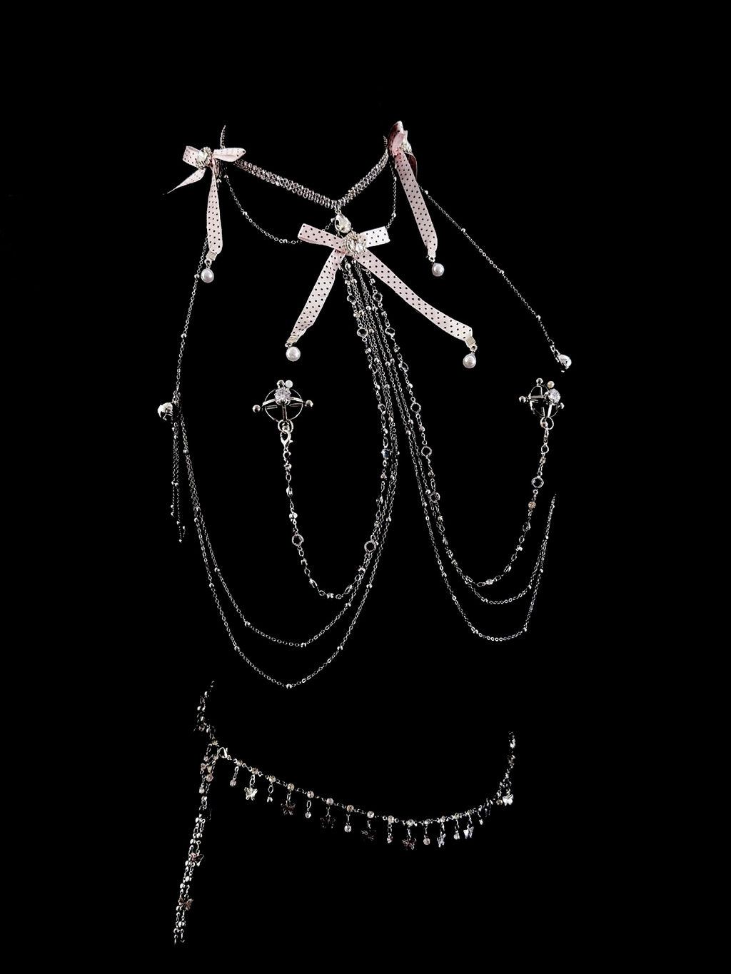 Gothic Polka-Dot Bow Bell Choker - with Body Chain angle view | Blackyyds