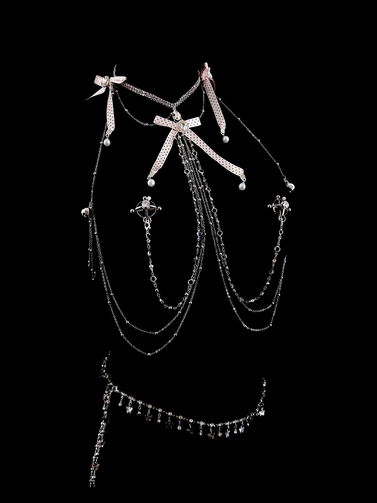 Gothic Polka-Dot Bow Bell Choker - with Body Chain angle view | Blackyyds