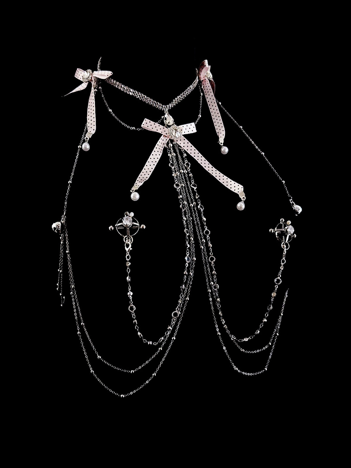 Gothic Polka-Dot Bow Bell Choker - with Body Chain belly chain detail shot | Blackyyds