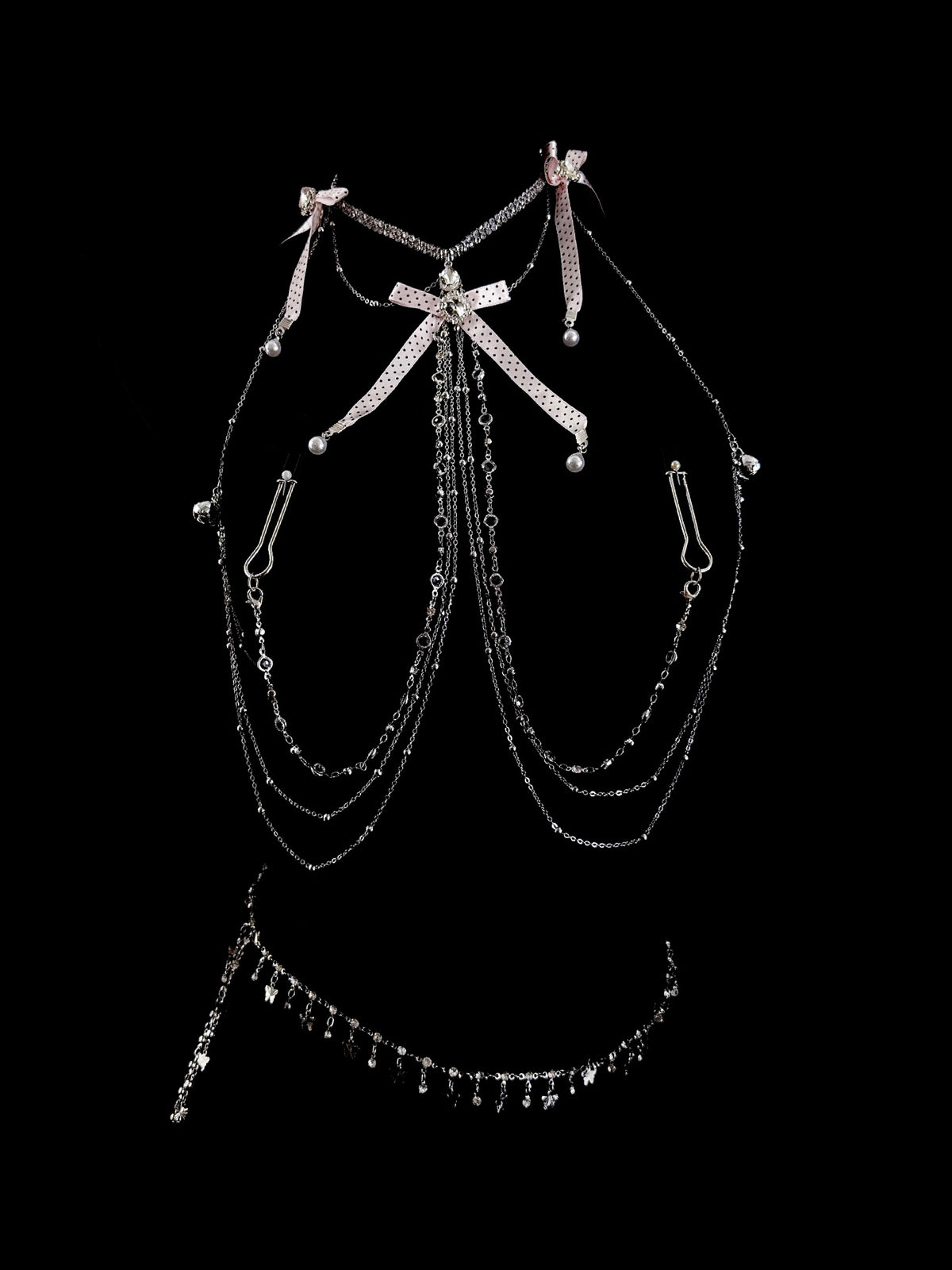 Gothic Polka-Dot Bow Bell Choker - with Body Chain product view 3 | Blackyyds
