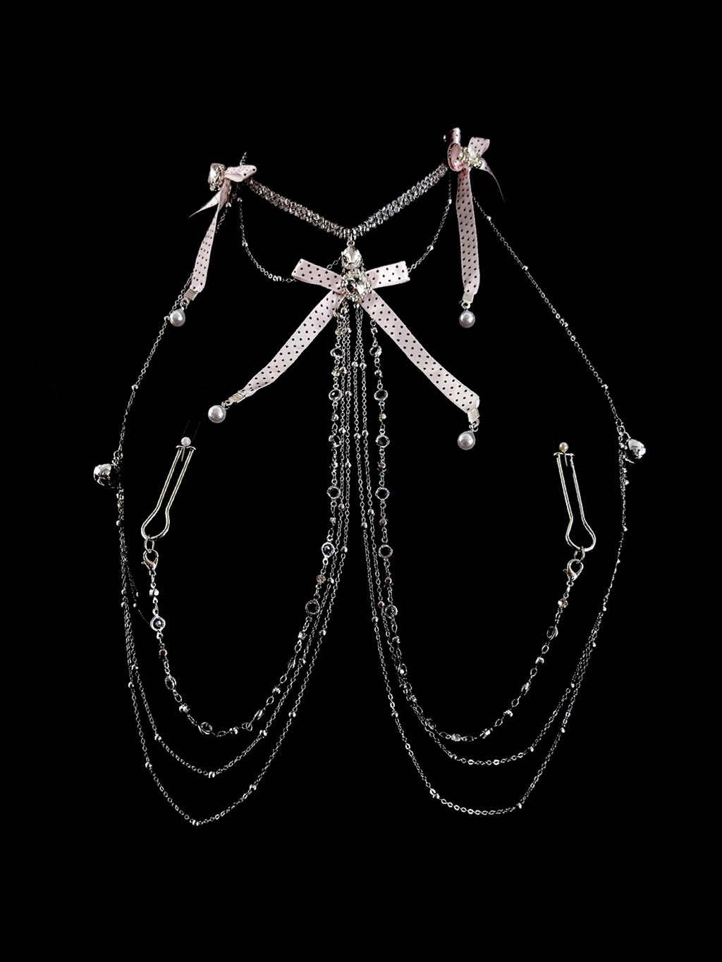Gothic Polka-Dot Bow Bell Choker - with Body Chain waist chain product view 4 | Blackyyds