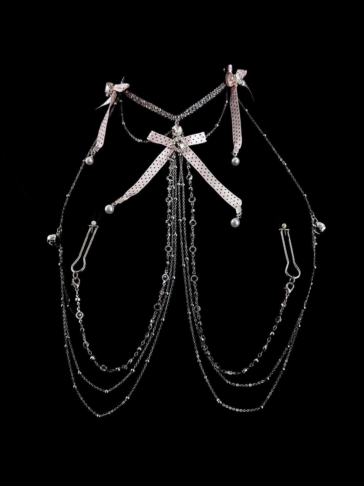 Gothic Polka-Dot Bow Bell Choker - with Body Chain waist chain product view 4 | Blackyyds
