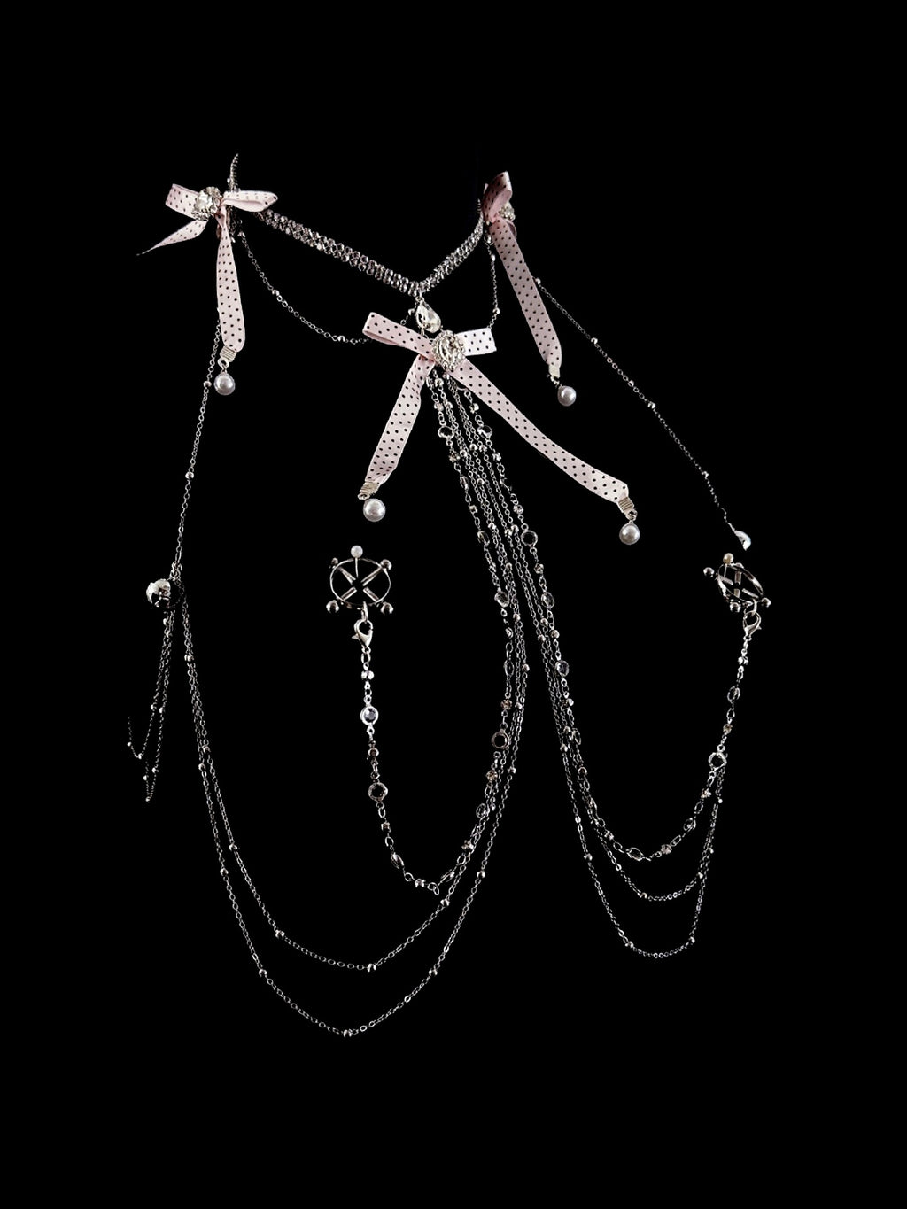 Gothic Polka-Dot Bow Bell Choker - with Body Chain product view 5 | Blackyyds