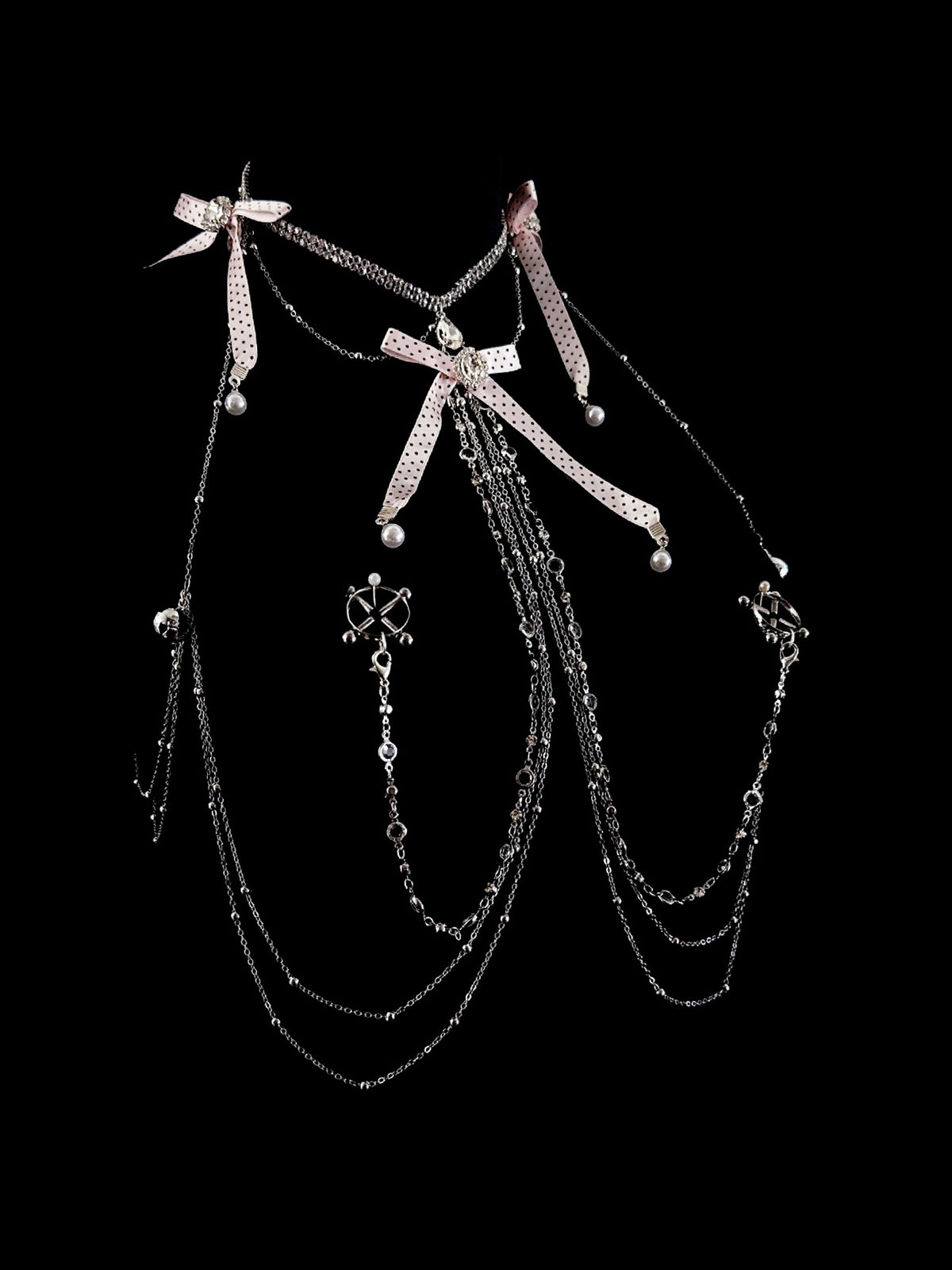 Gothic Polka-Dot Bow Bell Choker - with Body Chain product view 5 | Blackyyds