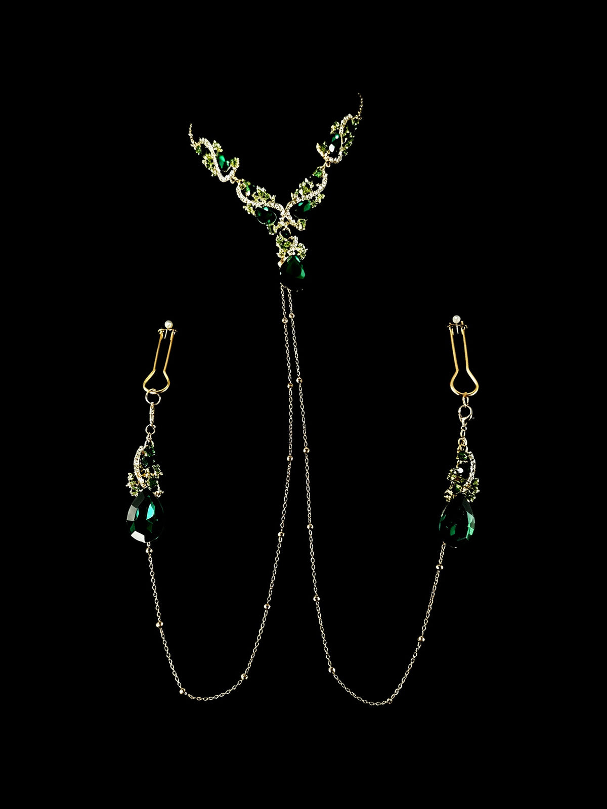 Gothic Rhinestone Choker - Green with Body Chain | Alt Fashion Collar — view 2