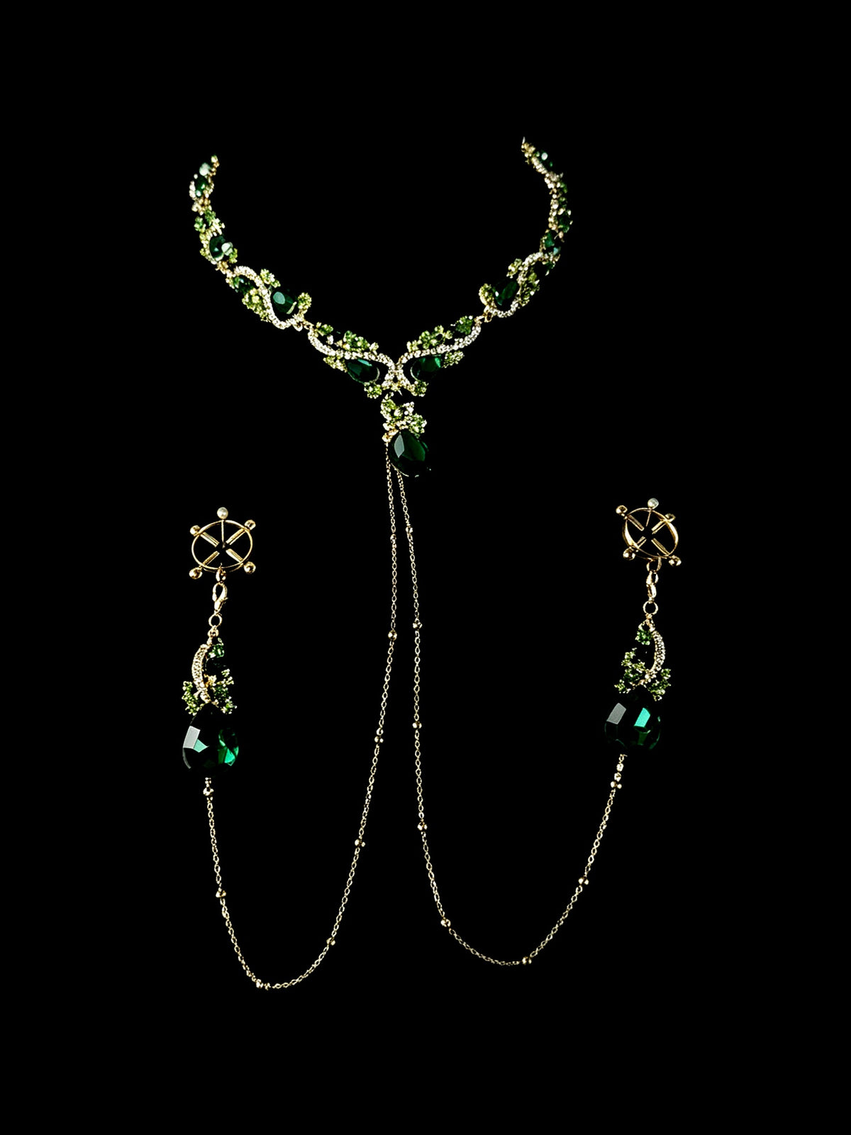 Gothic Rhinestone Choker - Green with Body Chain | Alt Fashion Collar — view 1 alternate view 3 | Blackyyds
