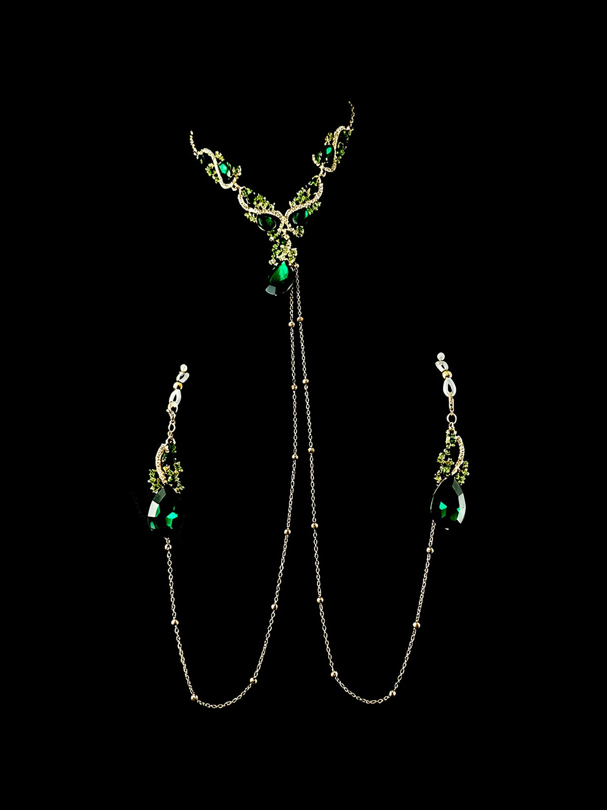 Gothic Rhinestone Choker - Green with Body Chain | Alt Fashion Collar — view 3