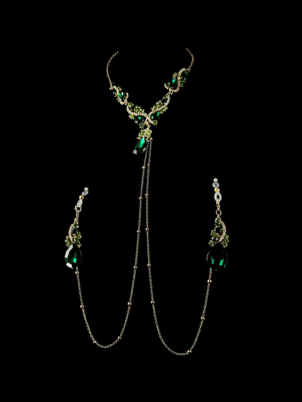 Gothic Rhinestone Choker - Green with Body Chain | Alt Fashion Collar — view 4