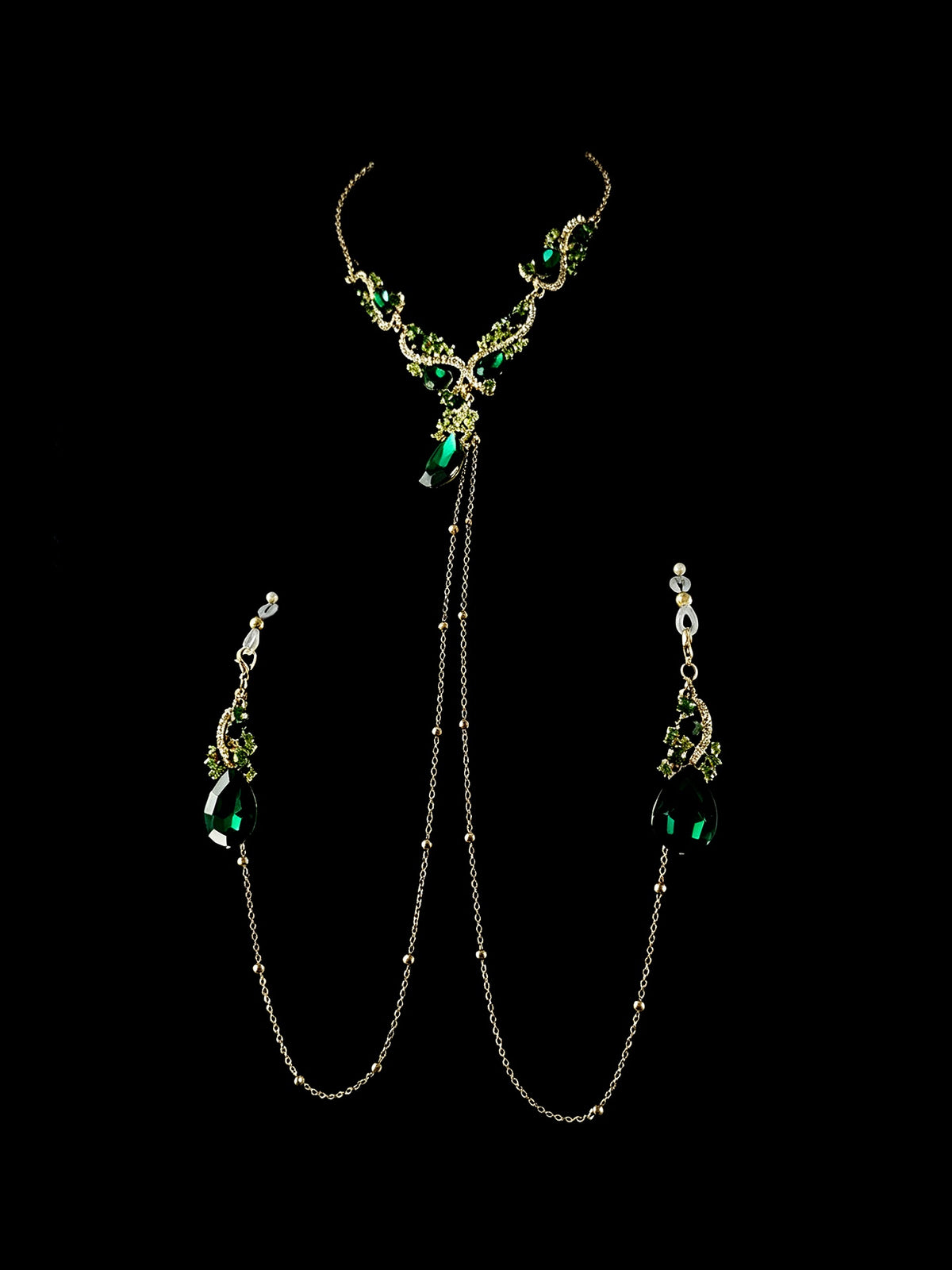 Gothic Rhinestone Choker - Green with Body Chain | Alt Fashion Collar — view 4