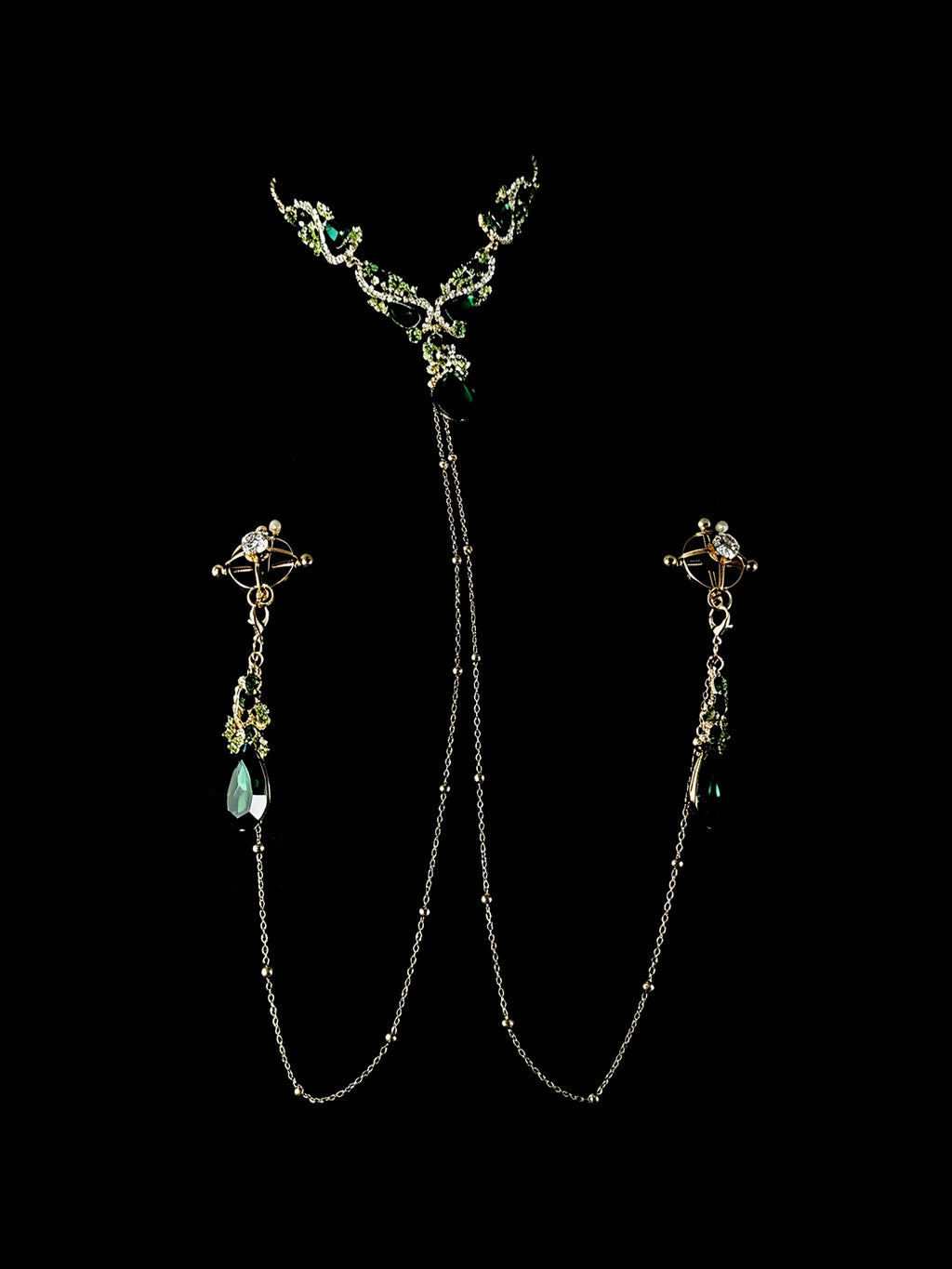 Gothic Rhinestone Choker - Green with Body Chain | Alt Fashion Collar — view 5