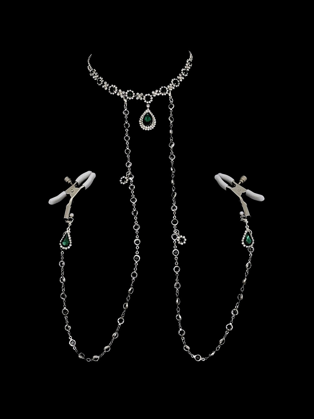 Gothic Rhinestone Choker - Green with Body Chain | Blackyyds