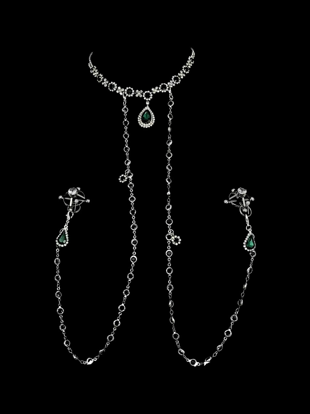 Gothic Rhinestone Choker - Green with Body Chain close-up detail | Blackyyds