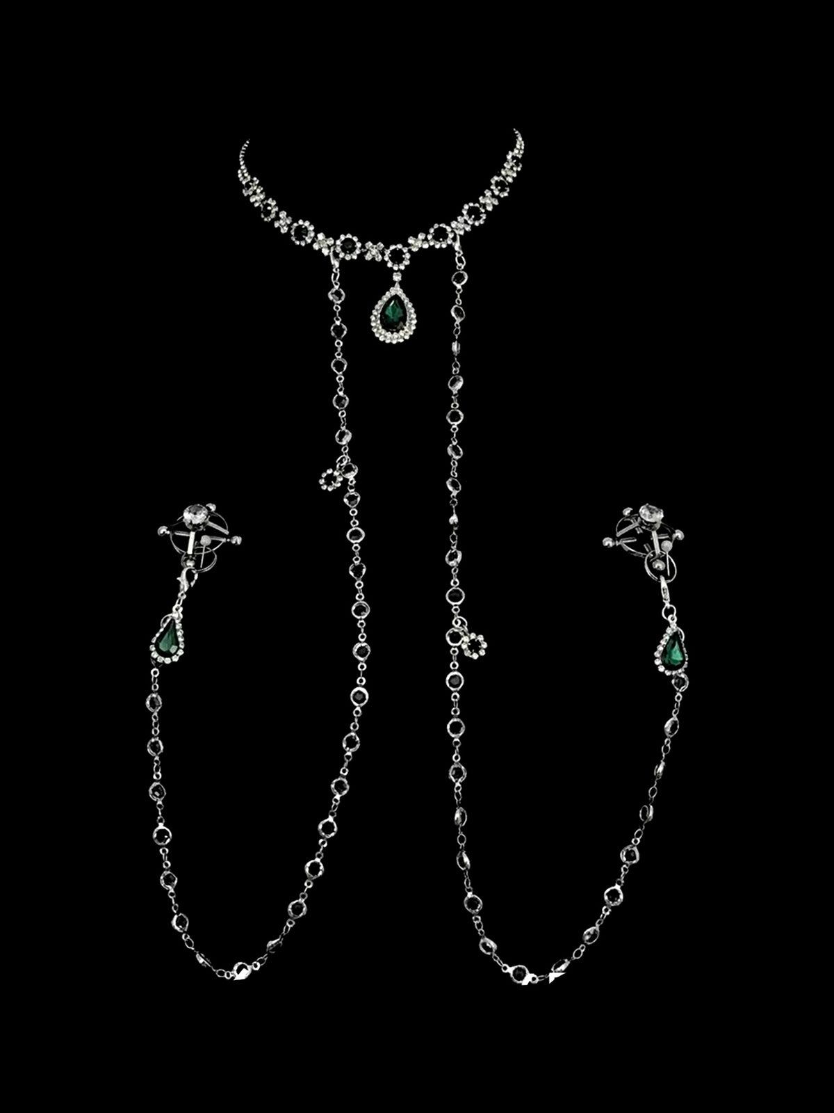 Gothic Rhinestone Choker - Green with Body Chain close-up detail | Blackyyds