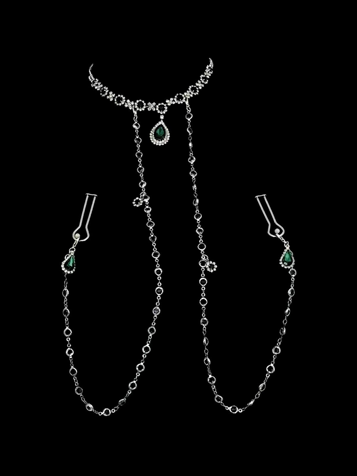 Gothic Rhinestone Choker - Green with Body Chain angle view | Blackyyds