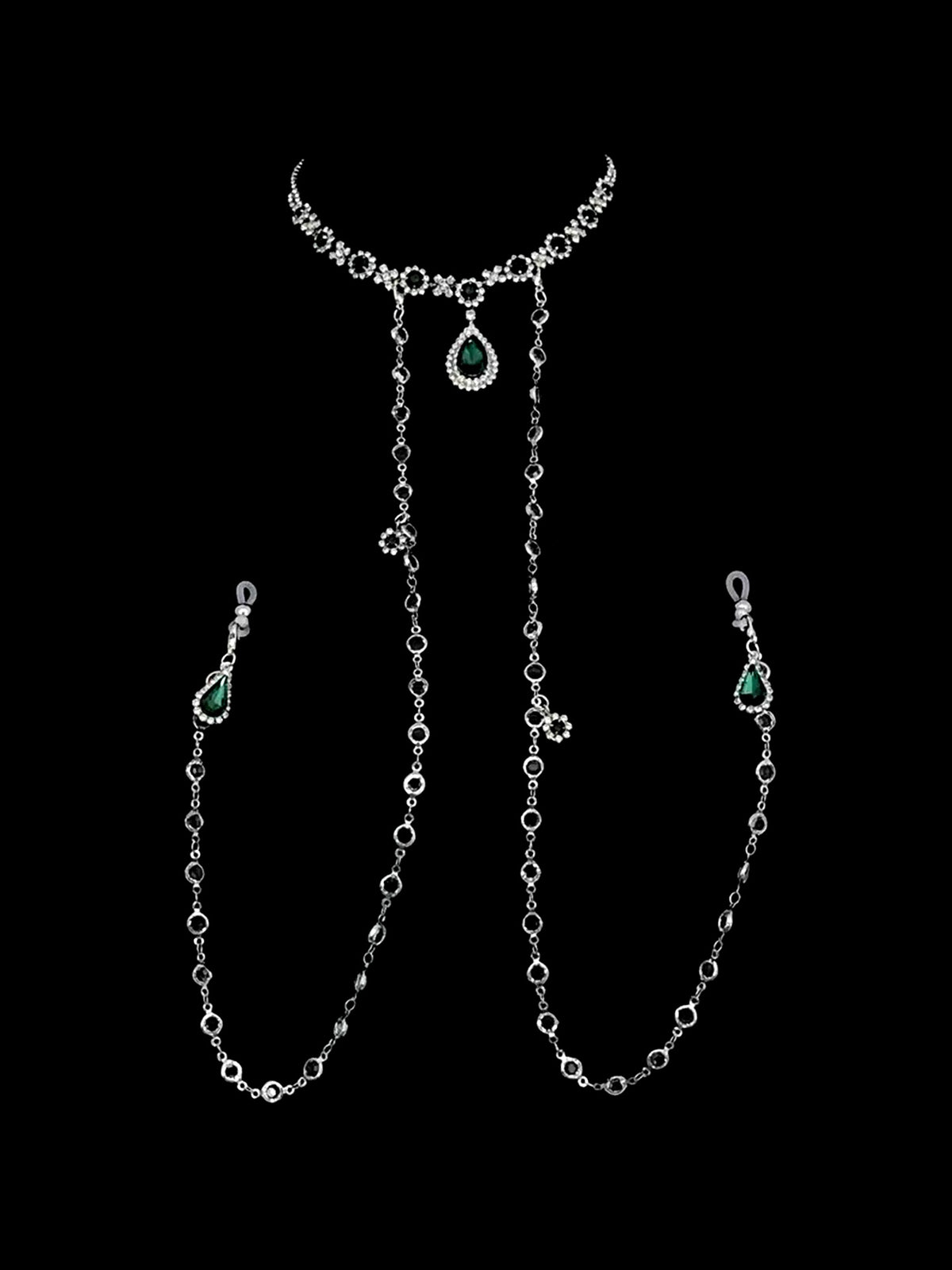 Gothic Rhinestone Choker - Green with Body Chain belly chain detail shot | Blackyyds