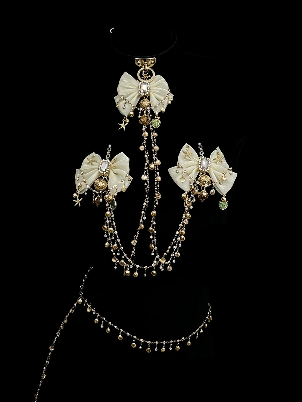 Gothic Shell Bow Bell Choker - Black with Body Chain product view 2 | Blackyyds