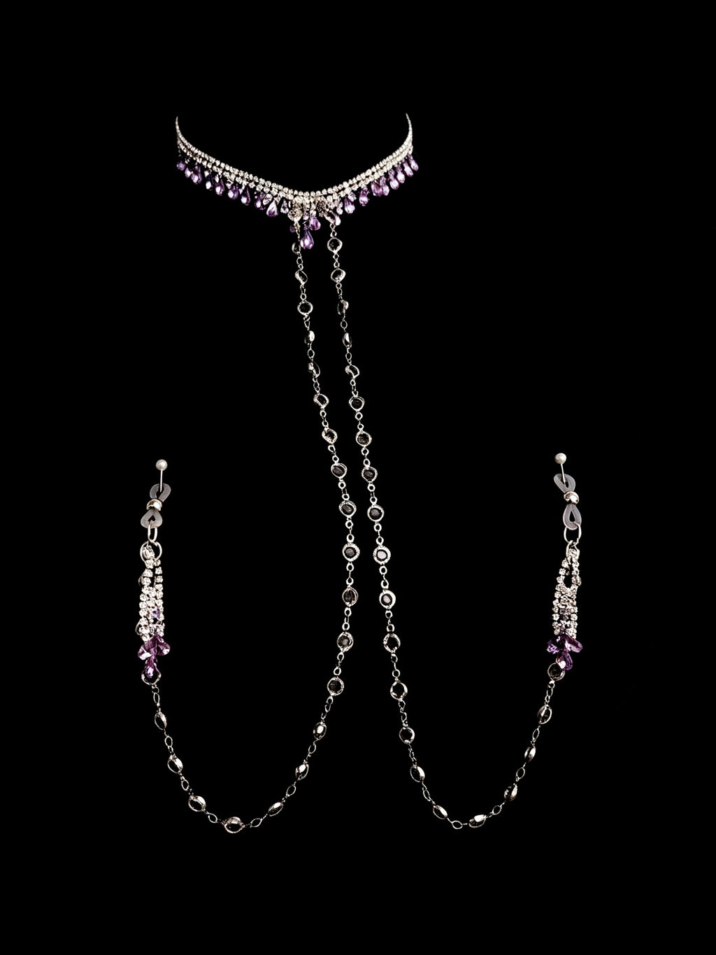 Gothic Tassel Choker - Purple Rhinestone with Body Chain close-up detail | Blackyyds
