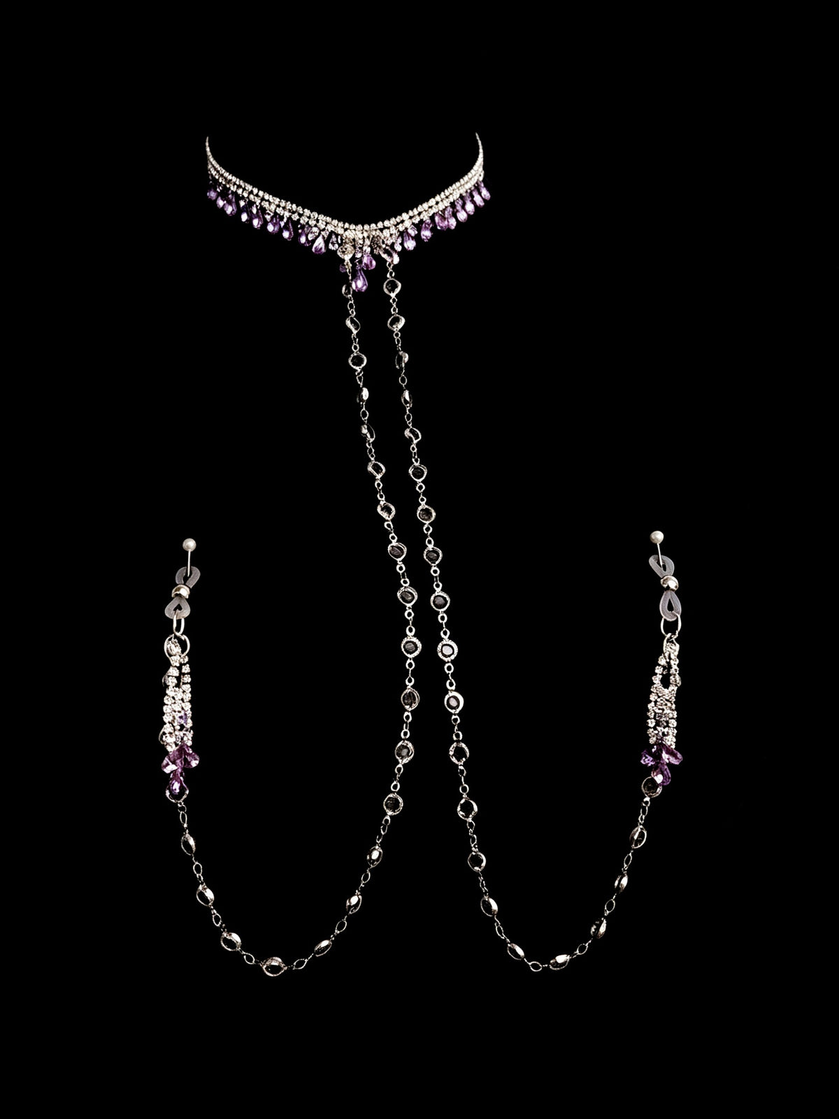Gothic Tassel Choker - Purple Rhinestone with Body Chain close-up detail | Blackyyds
