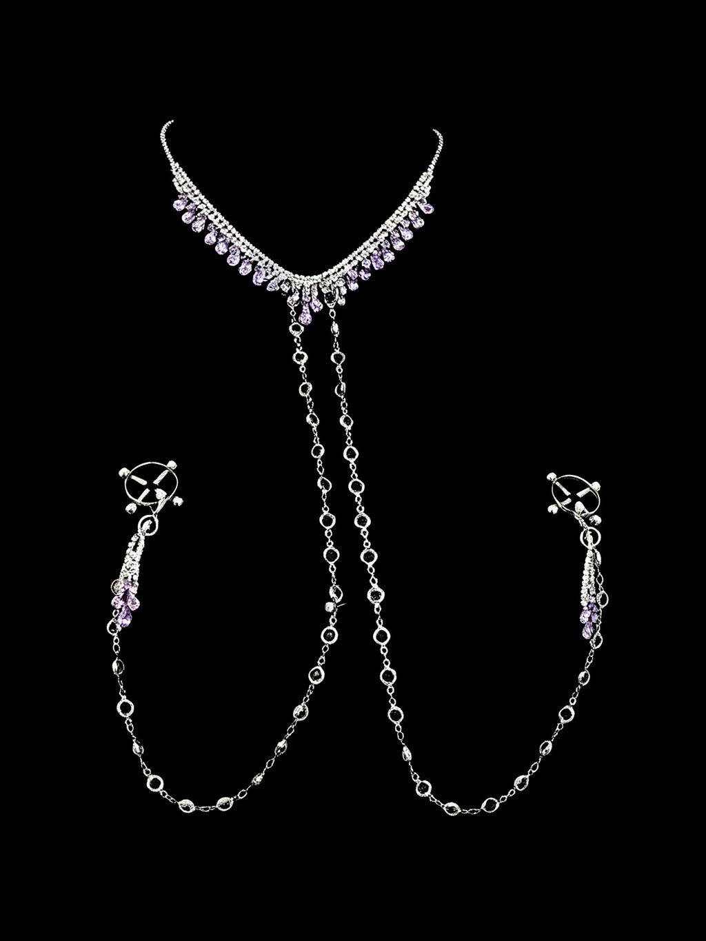 Gothic Tassel Choker - Purple Rhinestone with Body Chain angle view | Blackyyds