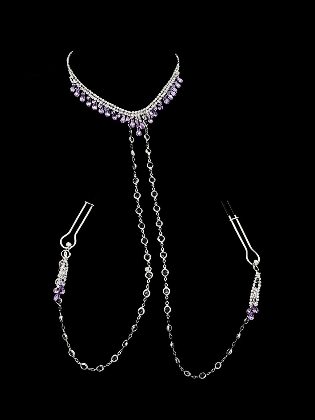 Gothic Tassel Choker - Purple Rhinestone with Body Chain belly chain detail shot | Blackyyds