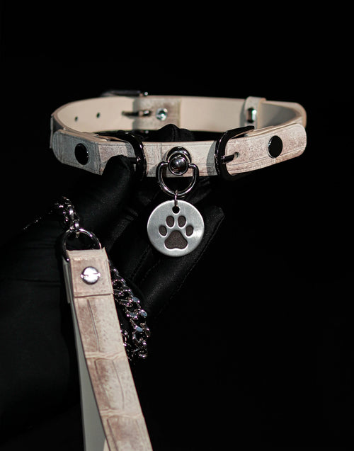 Handmade Himalayan Crocodile Leather Choker - Gradient White Exotic Skin Collar & Leash Set (Luxury Custom) | Blackyyds