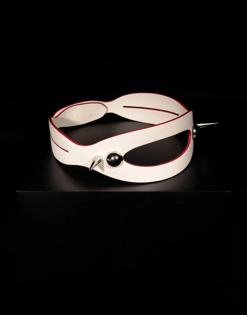 Handmade Shell Cordovan Cyber Void Choker - Futuristic Beige Leather Collar with Red Edge & Spikes | Blackyyds