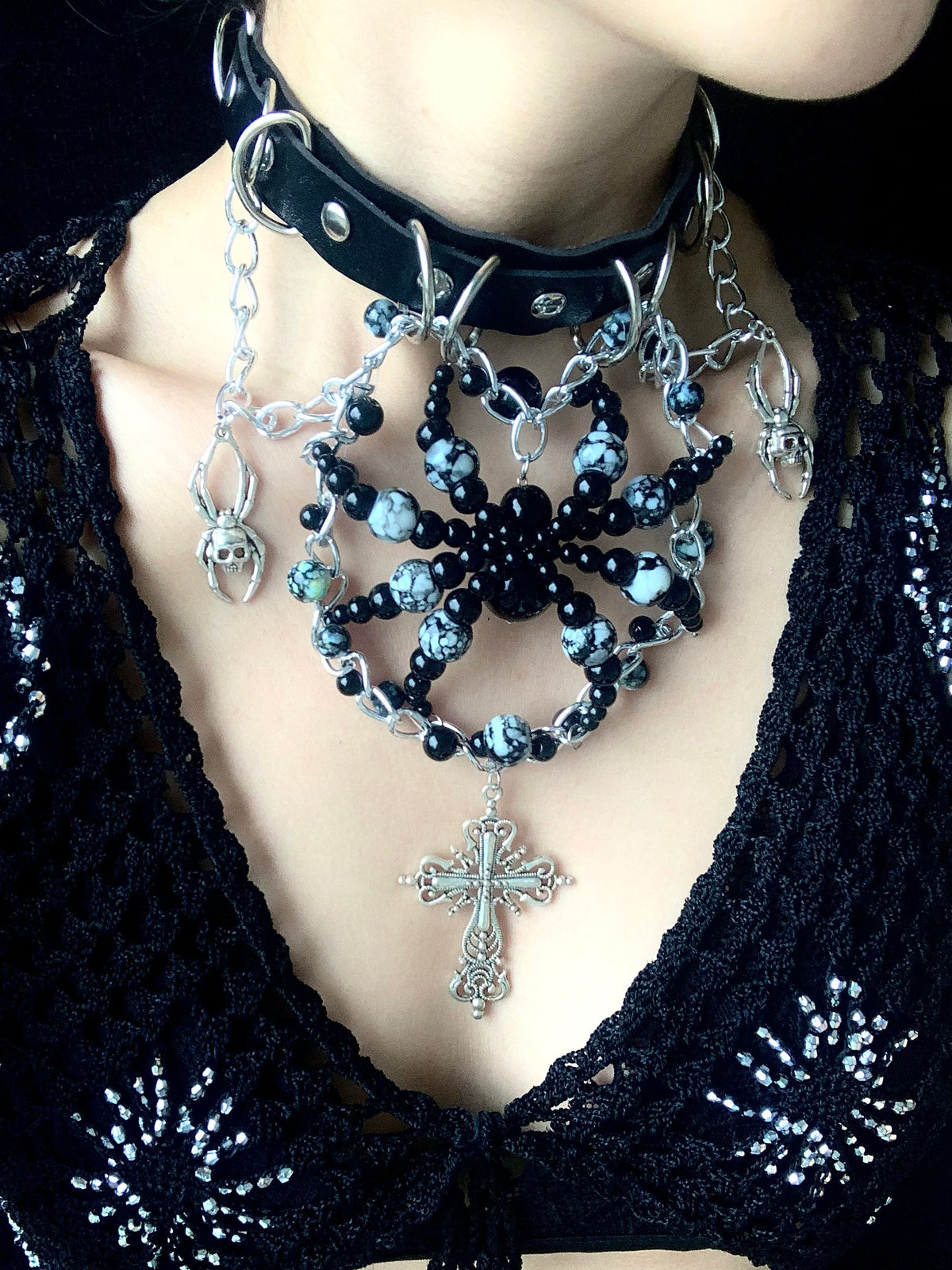 Ink Black Spider Necklace Dark Punk Subculture Choker Cross Leather Collar close-up detail | Blackyyds