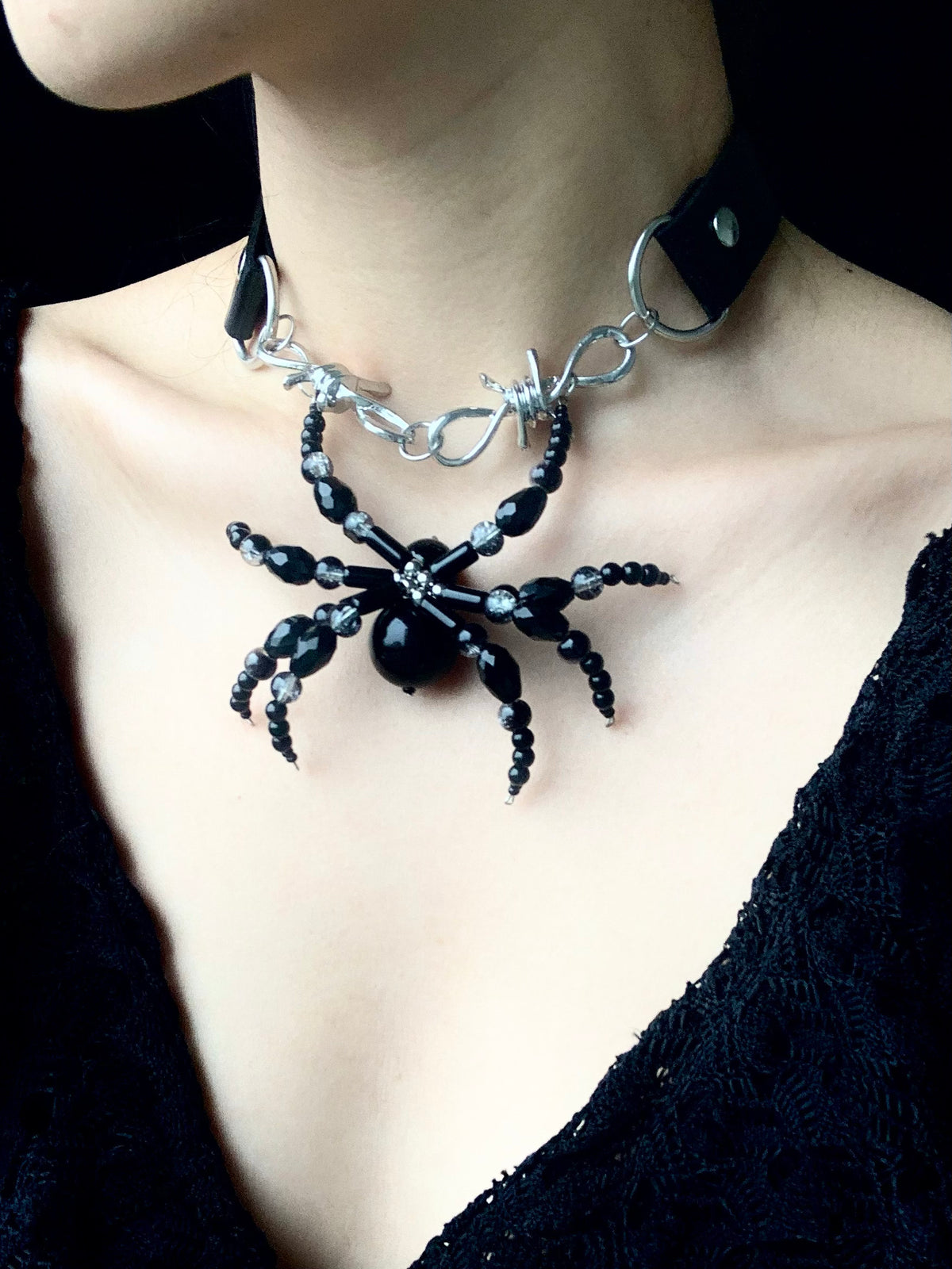 Ink Black Spider Necklace Dark Punk Subculture Choker Cross Leather Collar product view 2 | Blackyyds