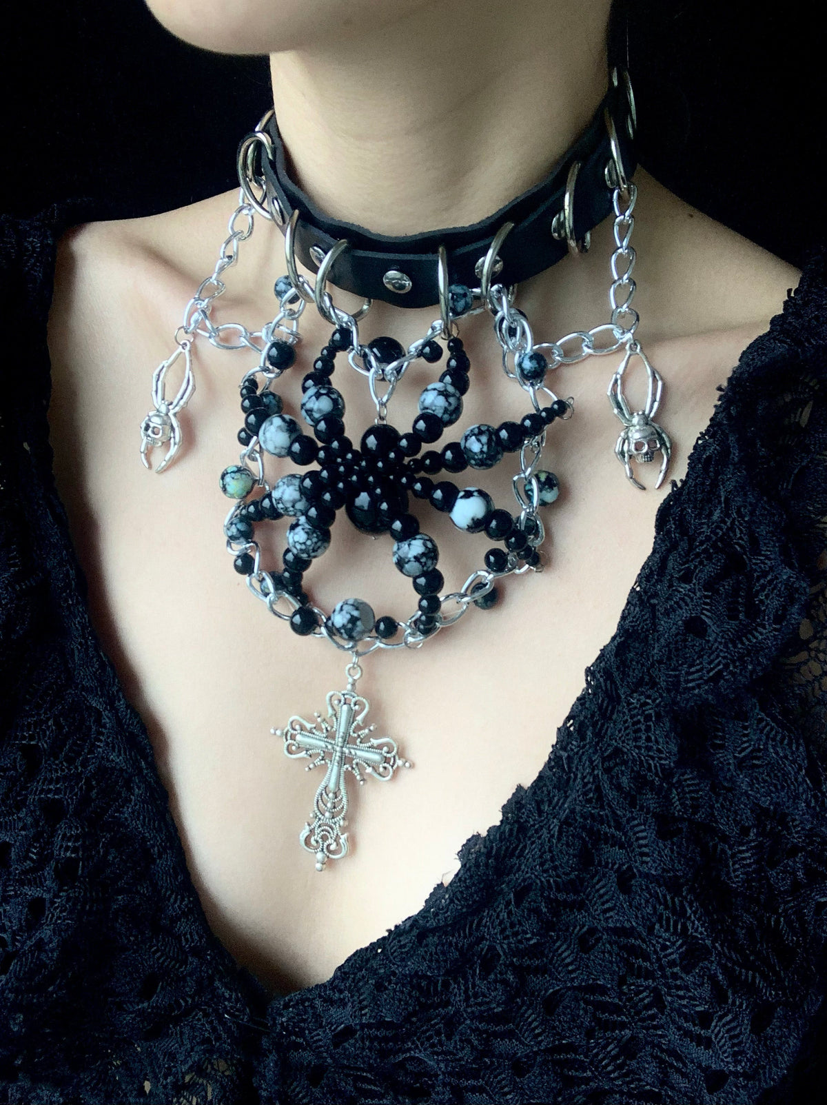 Ink Black Spider Necklace Dark Punk Subculture Choker Cross Leather Collar angle view | Blackyyds