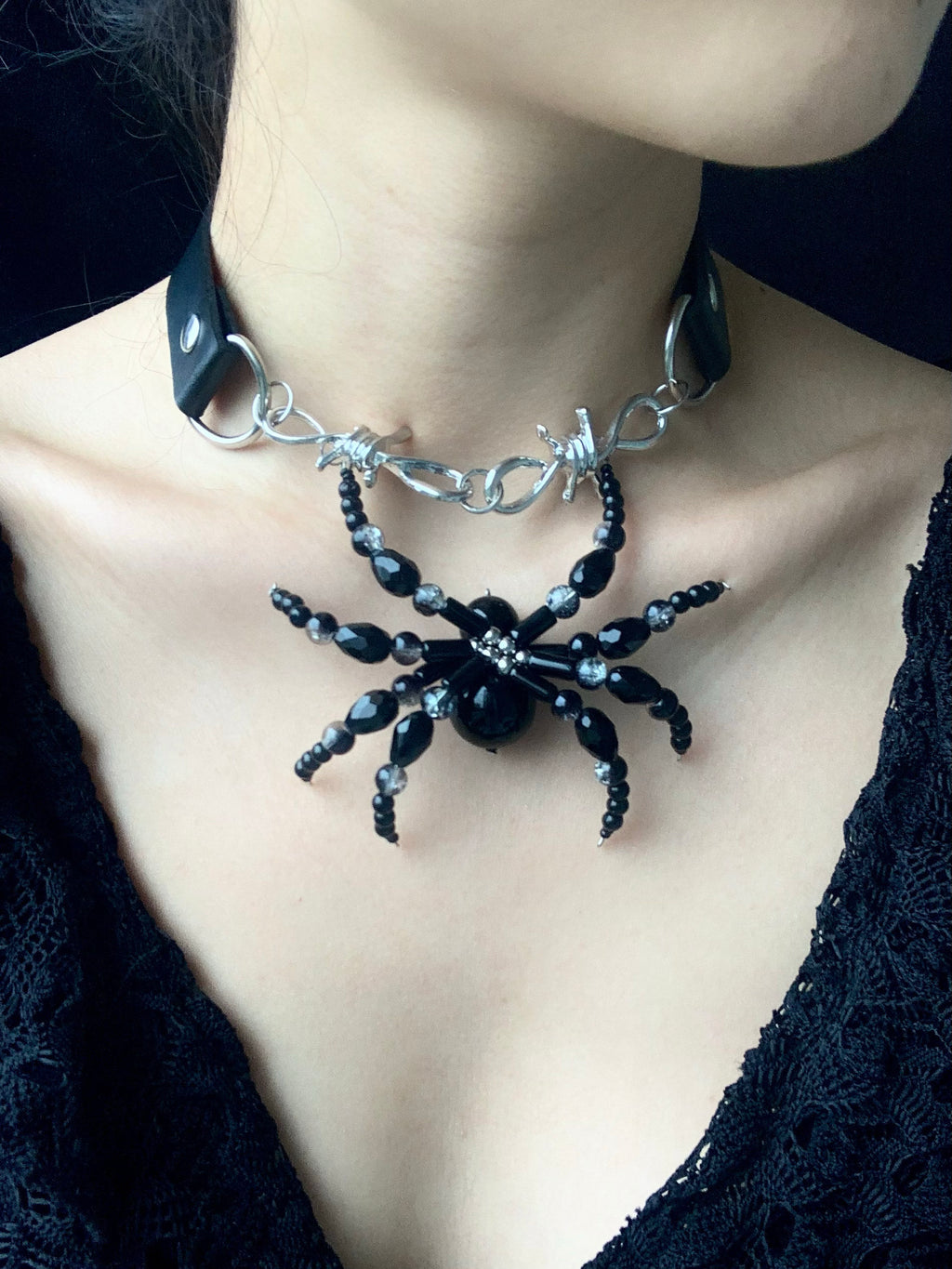 Ink Black Spider Necklace Dark Punk Subculture Choker Cross Leather Collar detail shot | Blackyyds