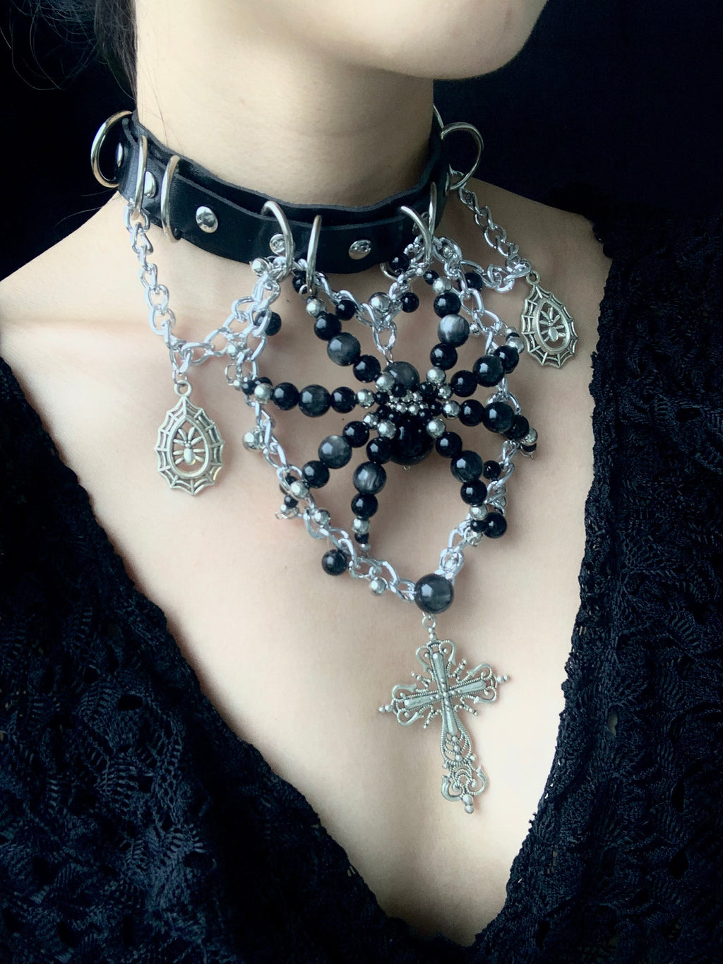 Night Spirit Spider Necklace Collar Dark Punk Gothic Choker angle view | Blackyyds