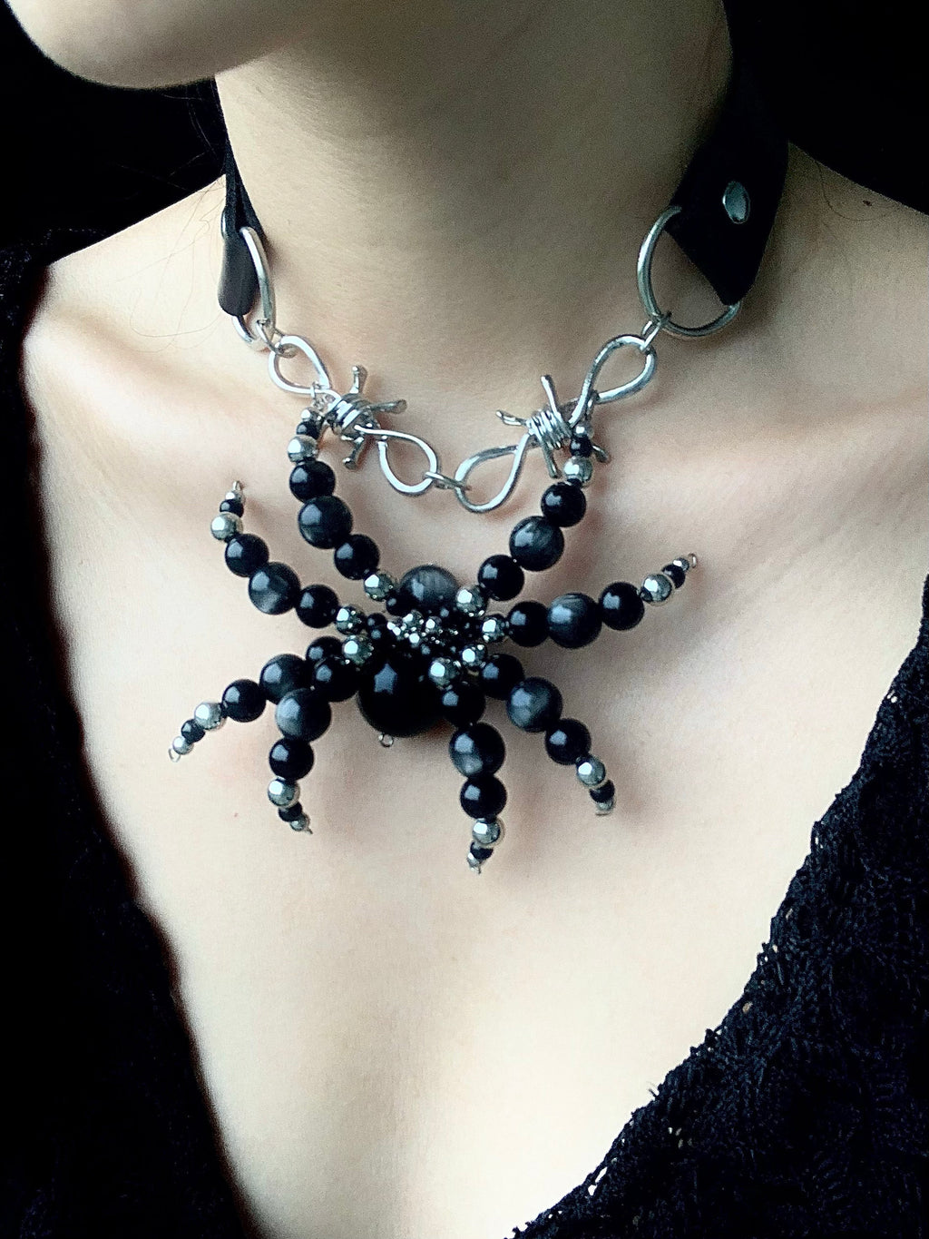Night Spirit Spider Necklace Collar Dark Punk Gothic Choker detail shot | Blackyyds