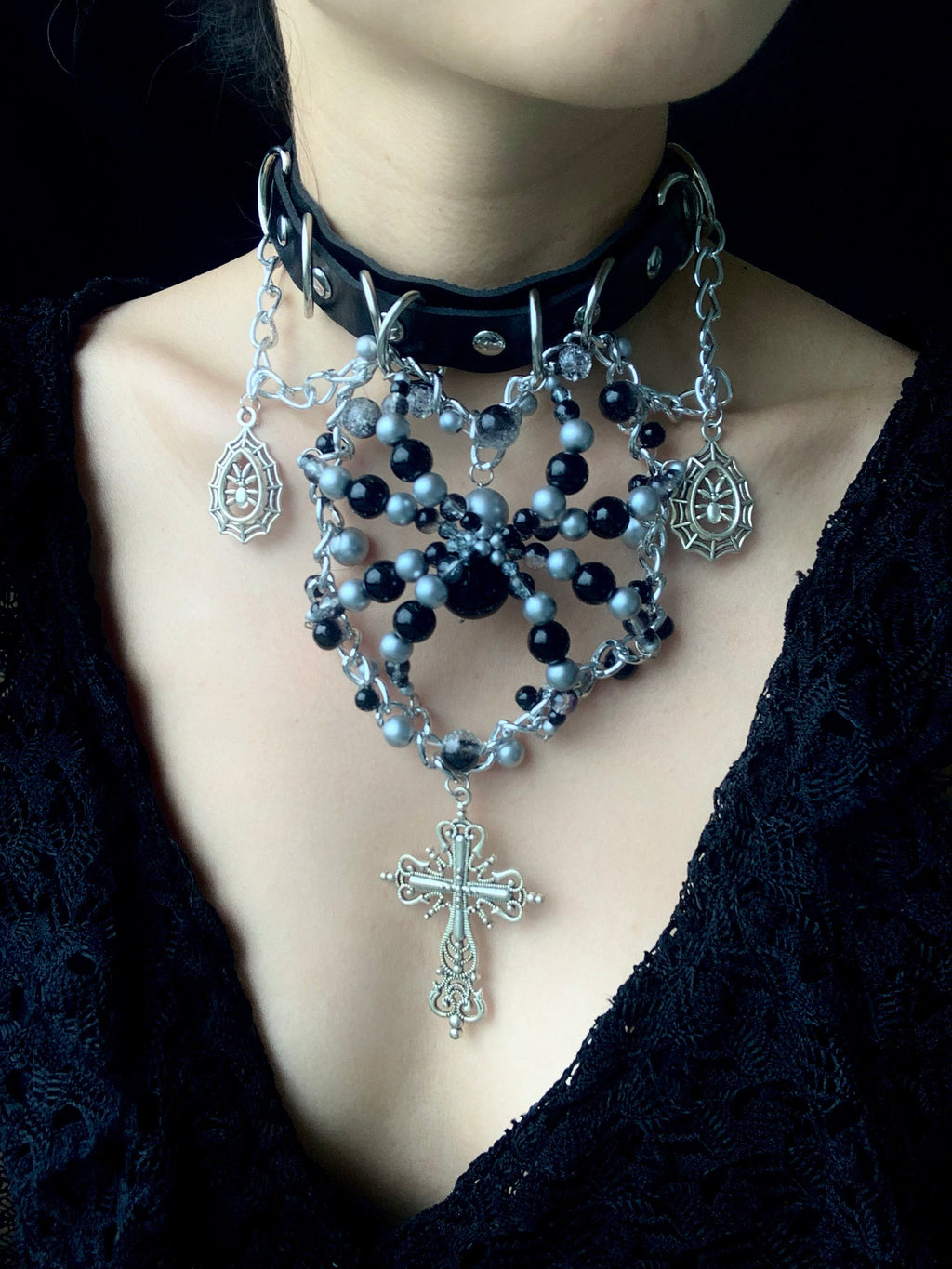 Black Sliver Spider Necklace Collar Dark Punk Gothic Choker close-up detail | Blackyyds
