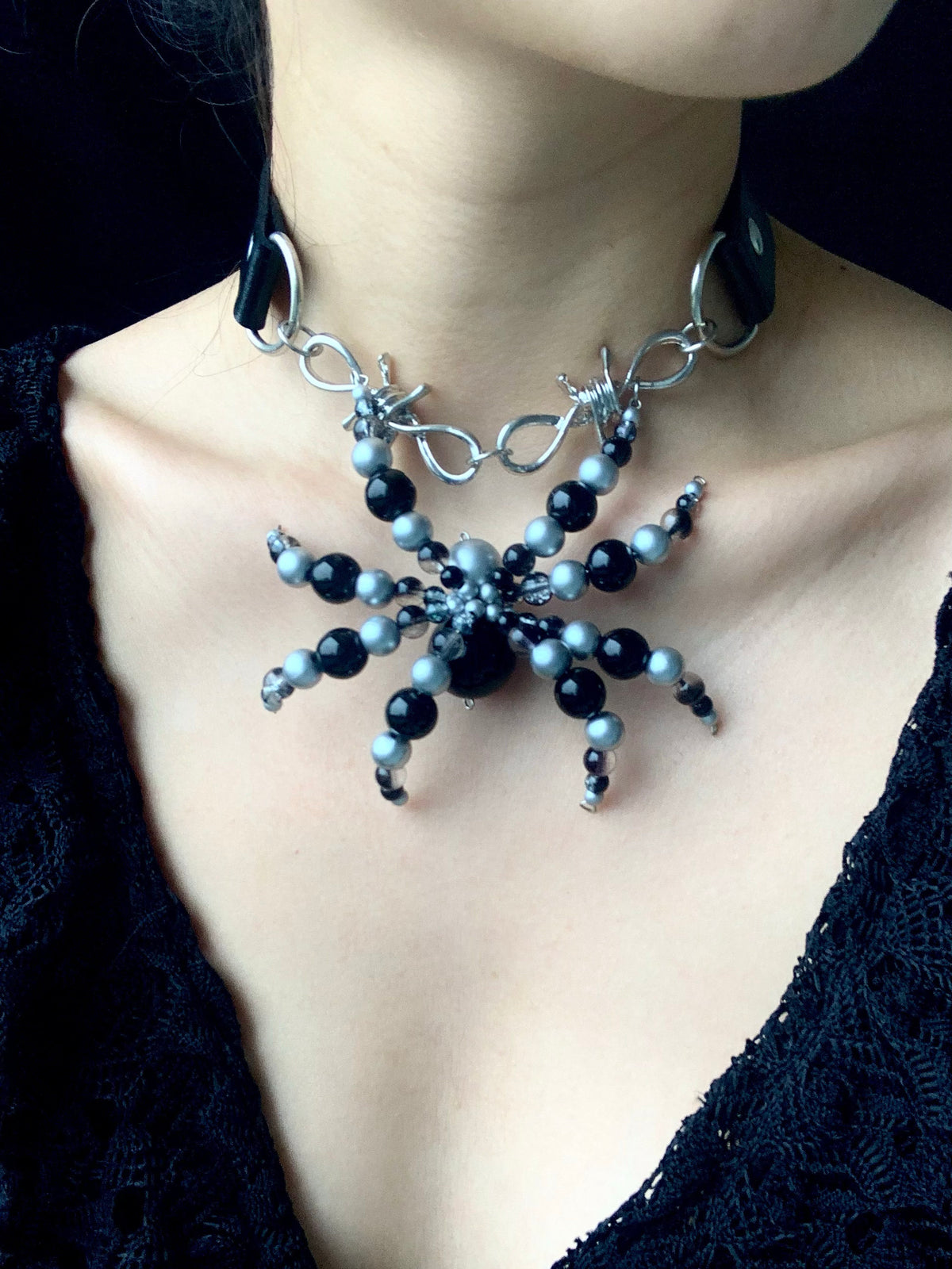 Black Sliver Spider Necklace Collar Dark Punk Gothic Choker product view 2 | Blackyyds
