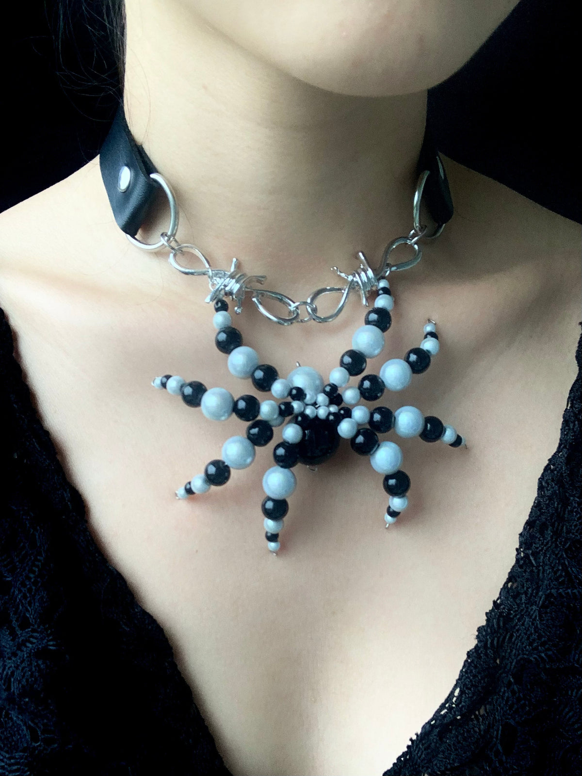 Black Sliver Spider Necklace Collar Dark Punk Gothic Choker angle view | Blackyyds