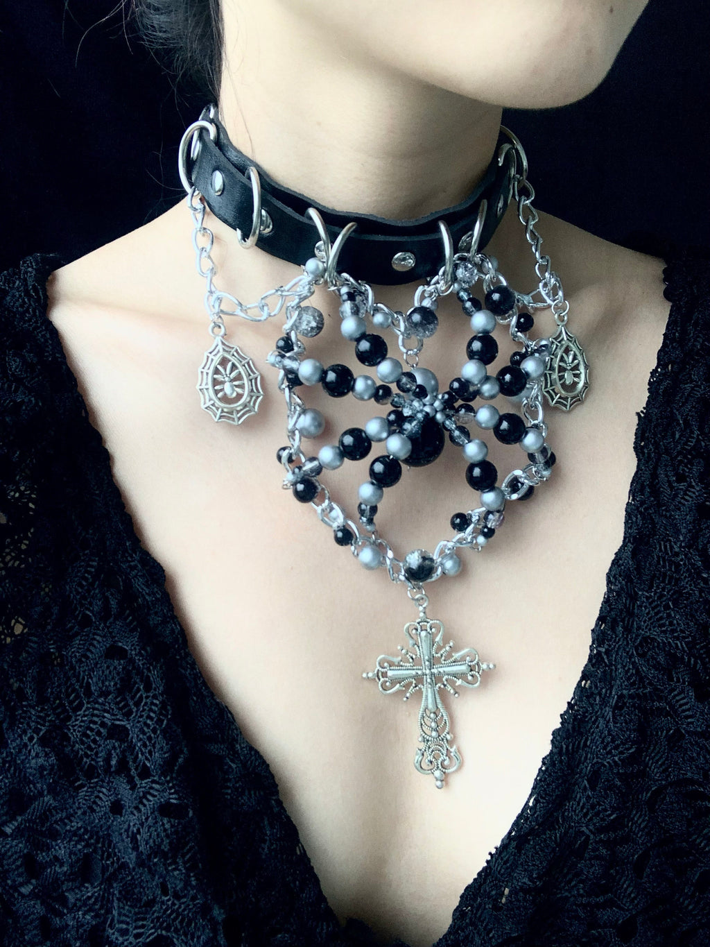Black Sliver Spider Necklace Collar Dark Punk Gothic Choker detail shot | Blackyyds