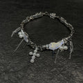 Y2K Cyber Fairy Angel Wing Pearl Cross Choker - Silver Grunge Aesthetic Necklace | Blackyyds