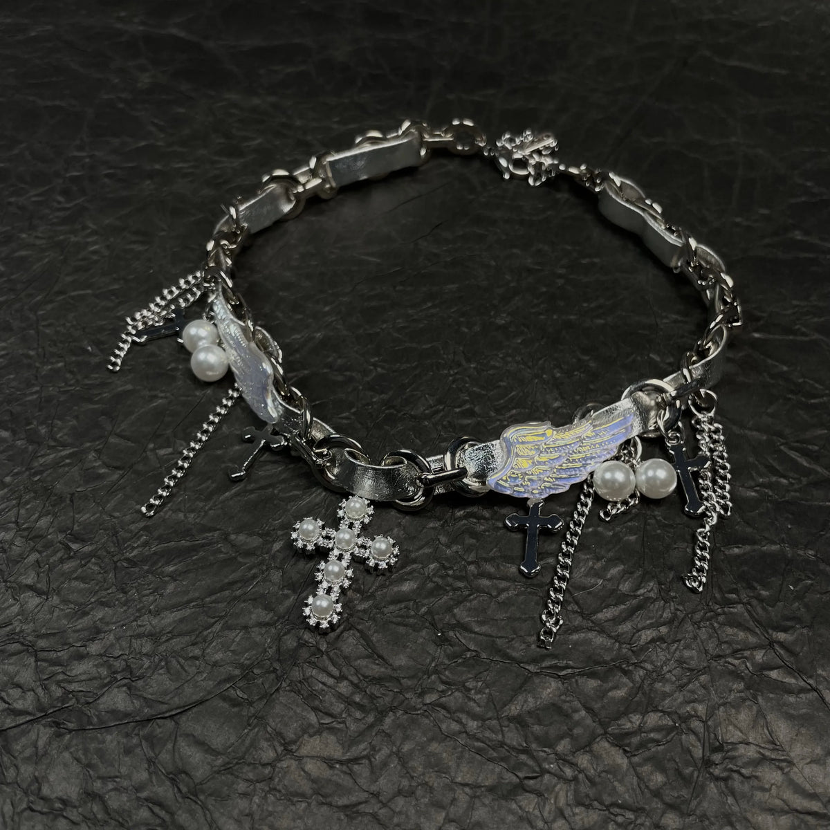 Y2K Cyber Fairy Angel Wing Pearl Cross Choker - Silver Grunge Aesthetic Necklace | Blackyyds