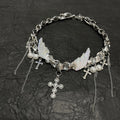 Y2K Cyber Fairy Angel Wing Cross Choker - Holographic Silver Chain Necklace (Coquette Grunge Aesthetic) | Blackyyds