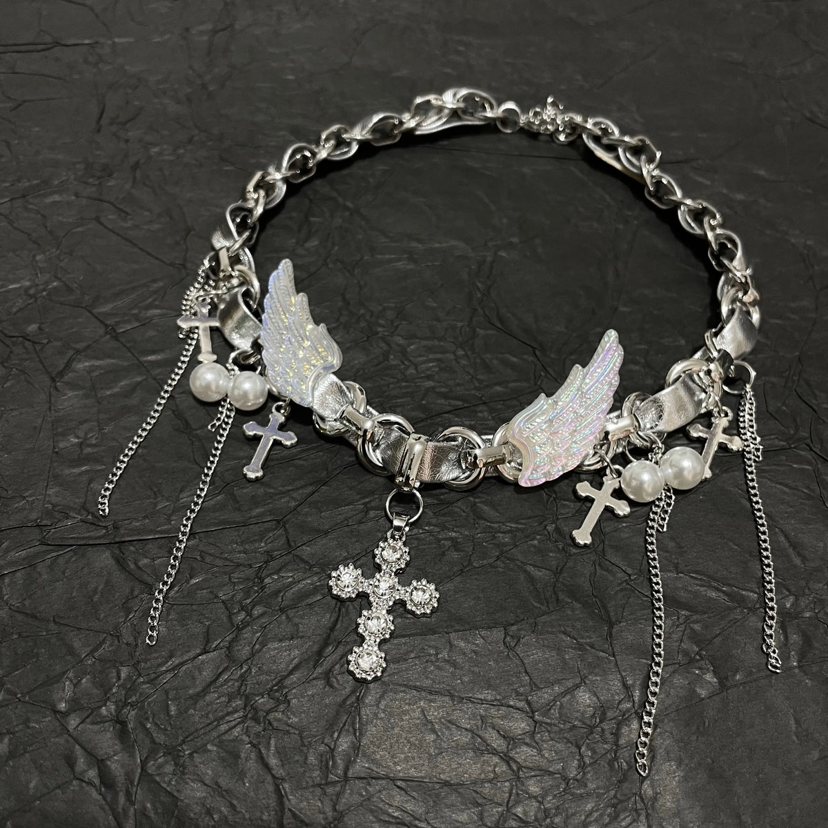 Y2K Cyber Fairy Angel Wing Cross Choker - Holographic Silver Chain Necklace (Coquette Grunge Aesthetic) | Blackyyds