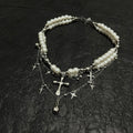 Fairy Grunge Double Layer Pearl Cross Necklace - Coquette Aesthetic Star Charm Choker | Blackyyds