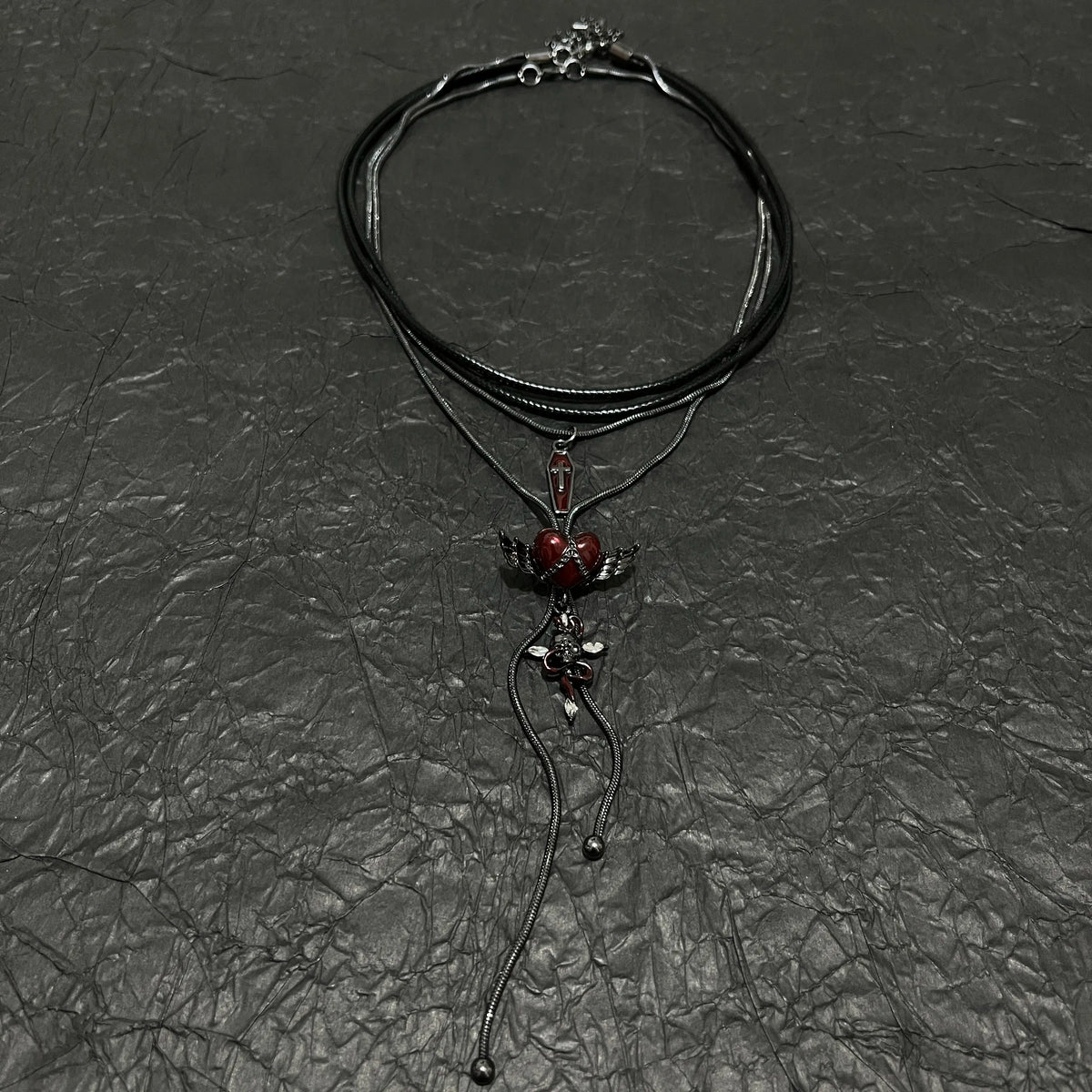 Gothic Vampire Red Heart Wing & Coffin Necklace Set - Dark Romance Layered Choker (2-Piece) | Blackyyds