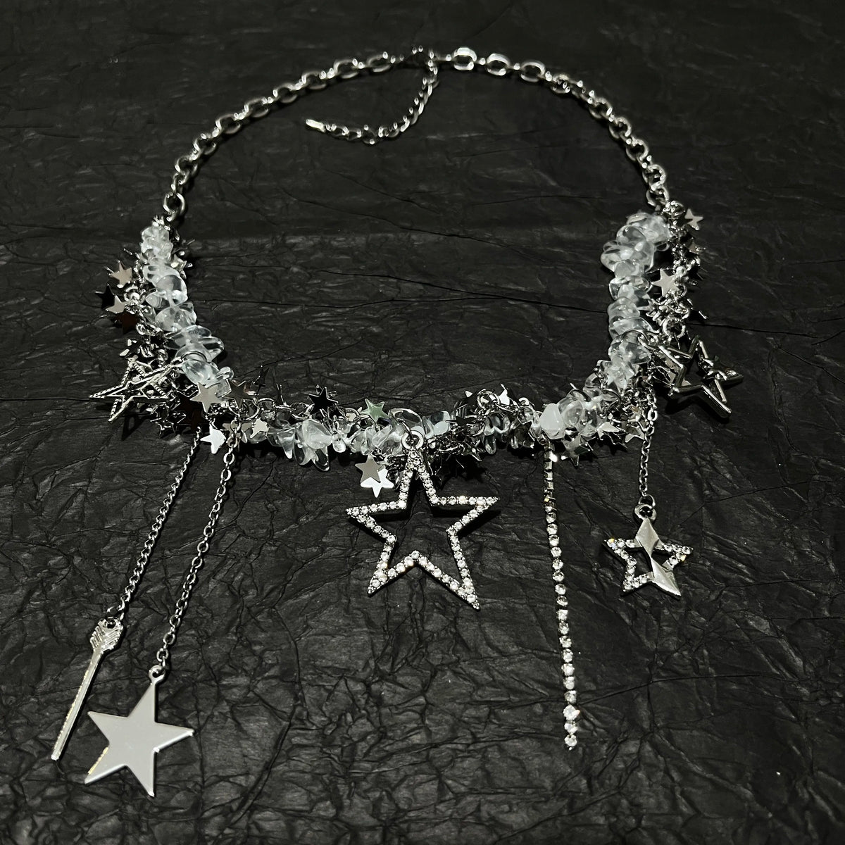 Y2K Acubi Messy Chain Star Tassel Choker - Clear Crystal Cyber Fairy Grunge Necklace | Blackyyds