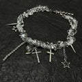 Y2K Acubi Aesthetic Clear Crystal Heart Cross Necklace - Cyber Fairy Star Tassel Choker | Blackyyds