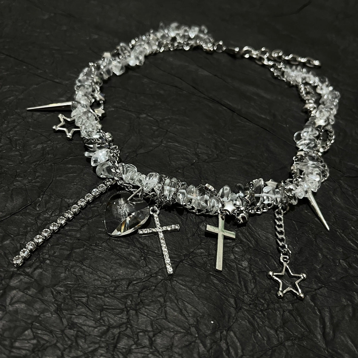 Y2K Acubi Aesthetic Clear Crystal Heart Cross Necklace - Cyber Fairy Star Tassel Choker | Blackyyds