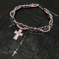 Y2K Pastel Goth Pink Cross Chain Choker - Sweet Cool Leather Necklace with Silver Tassels | Blackyyds