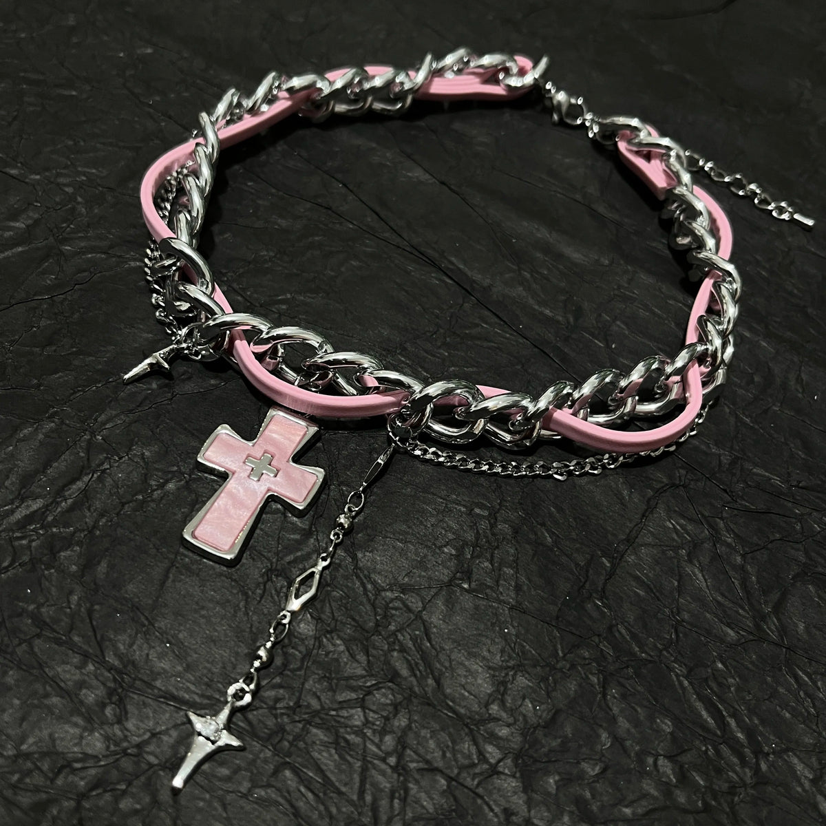 Y2K Pastel Goth Pink Cross Chain Choker - Sweet Cool Leather Necklace with Silver Tassels | Blackyyds