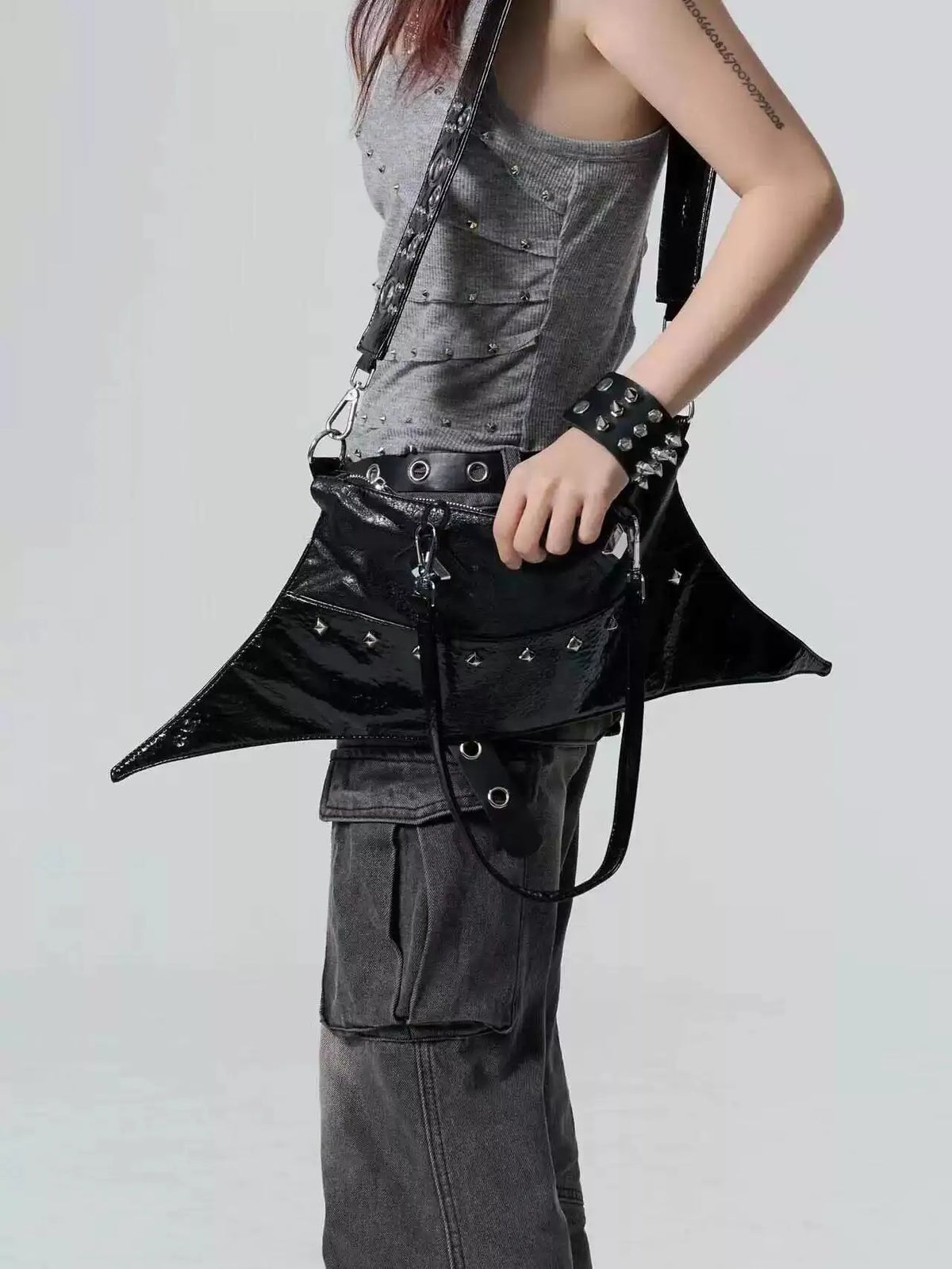 Y2K Gothic Black Patent Pointed Shoulder Bag - Bat Wing Crossbody with Studded Convertible Belt Strap | Blackyyds