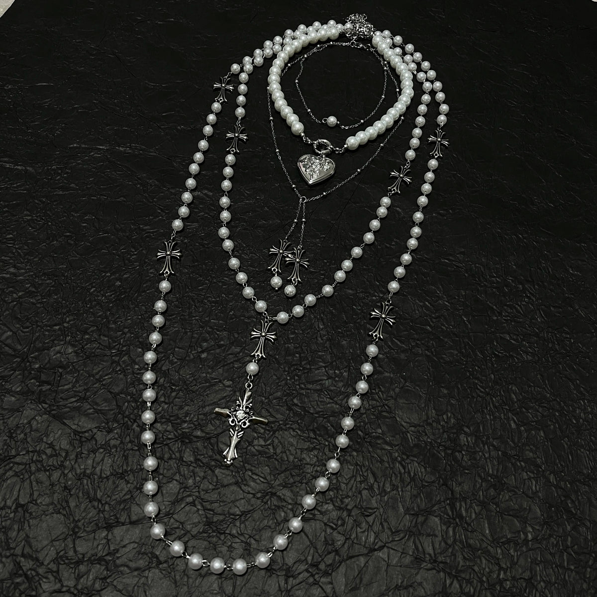 French Vintage 4-Piece Layered Pearl Rosary Necklace Set - Gothic Heart & Cross Charms (Coquette Aesthetic) | Blackyyds