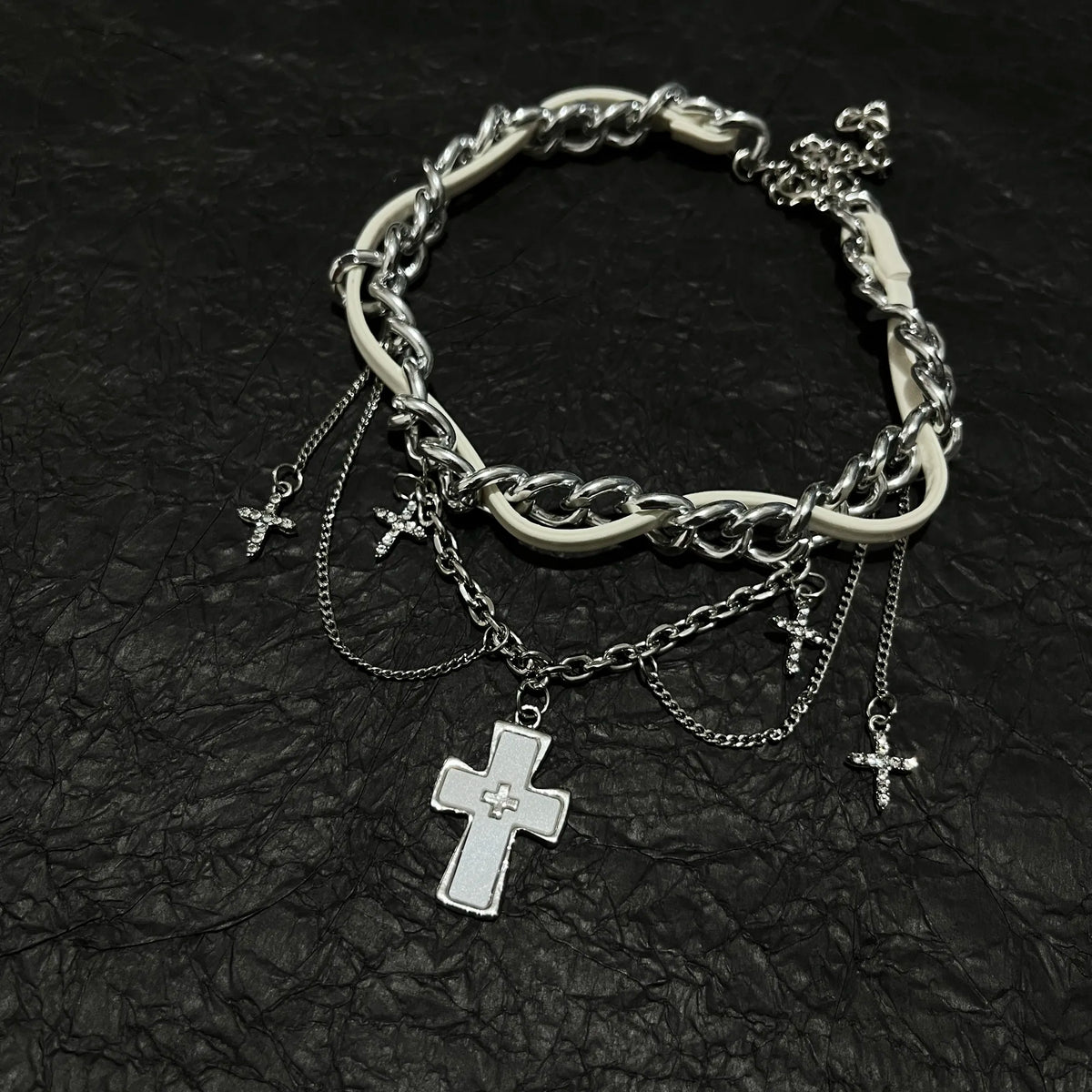 Y2K Gothic White Cross Choker Layered Chain Necklace - Sweet Cool Angel Aesthetic | Blackyyds
